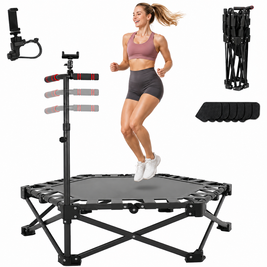 ARVIVO 42" Foldable Mini Trampoline , Silent Indoor Fitness Rebounder with Detachable Phone Holder,All-Steel Frame & 3-Level Adjustable Handle, for Kids & Adults Workout, 330 lbs Weight Capacity