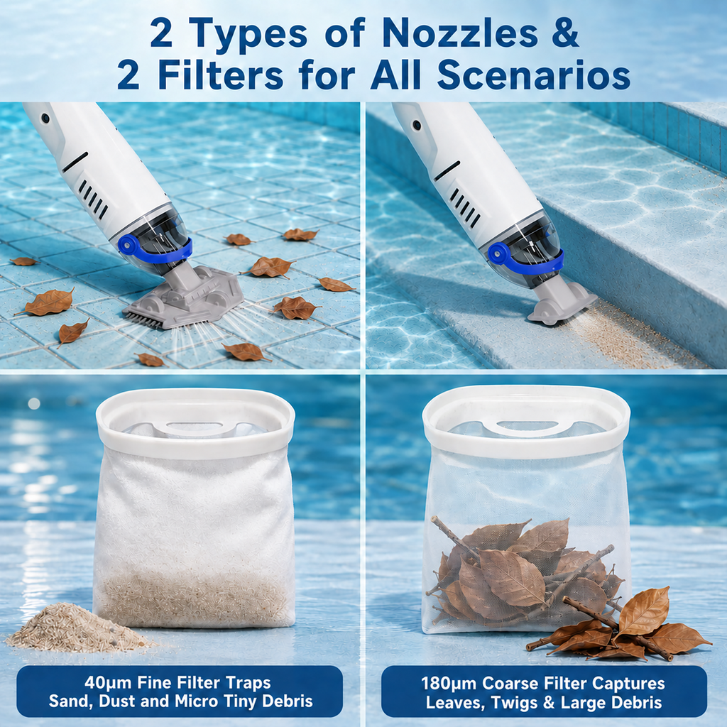 ARVIVO Cordless Handheld Pool Vacuum for Above Ground & Inground Pools, Rechargeable Pool Cleaner, 60-Min Runtime, Dual Heads, 116in Telescopic Pole, White