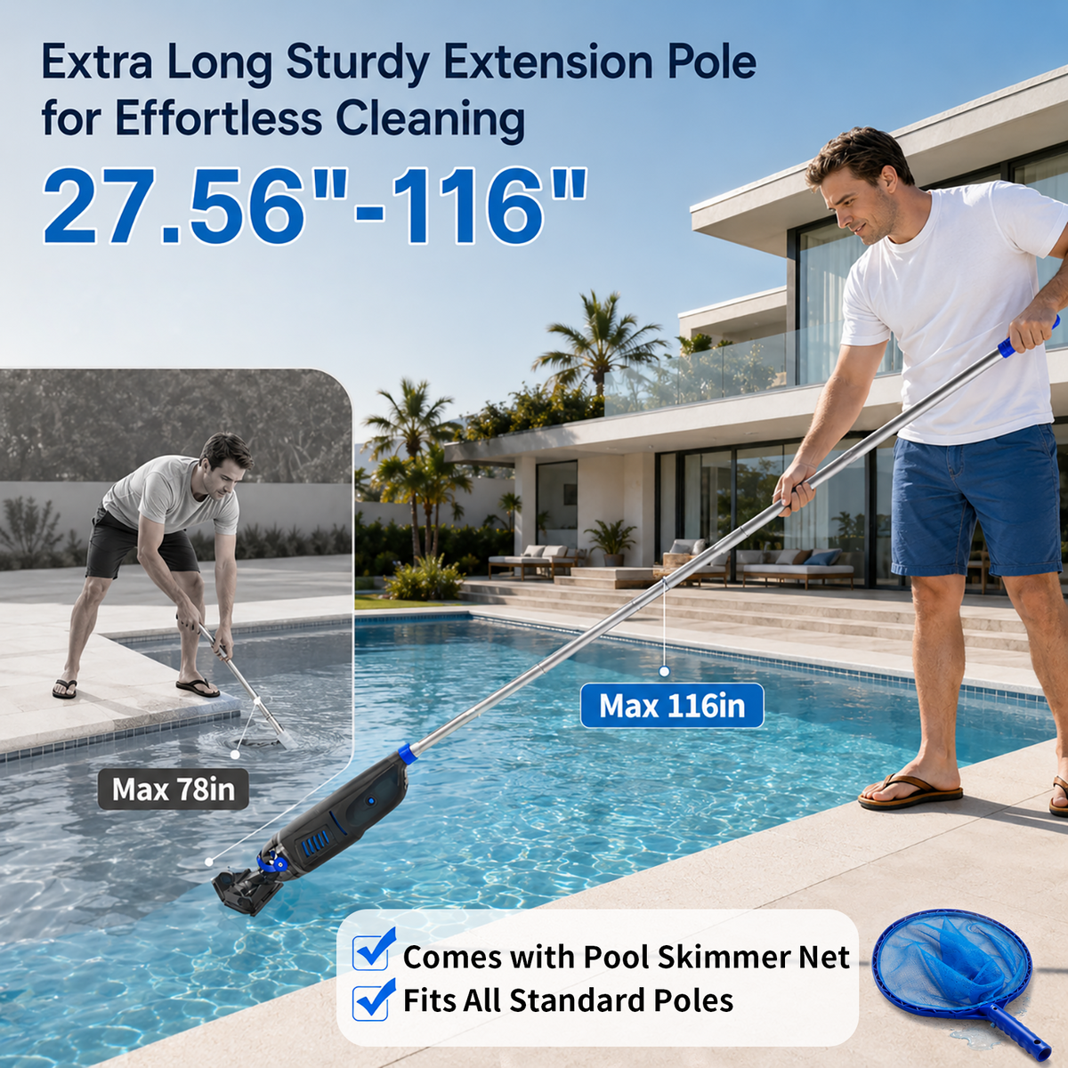 ARVIVO Cordless Handheld Pool Vacuum for Above Ground & Inground Pools, Rechargeable Pool Cleaner, 60-Min Runtime, Dual Heads, 116in Telescopic Pole, Gray