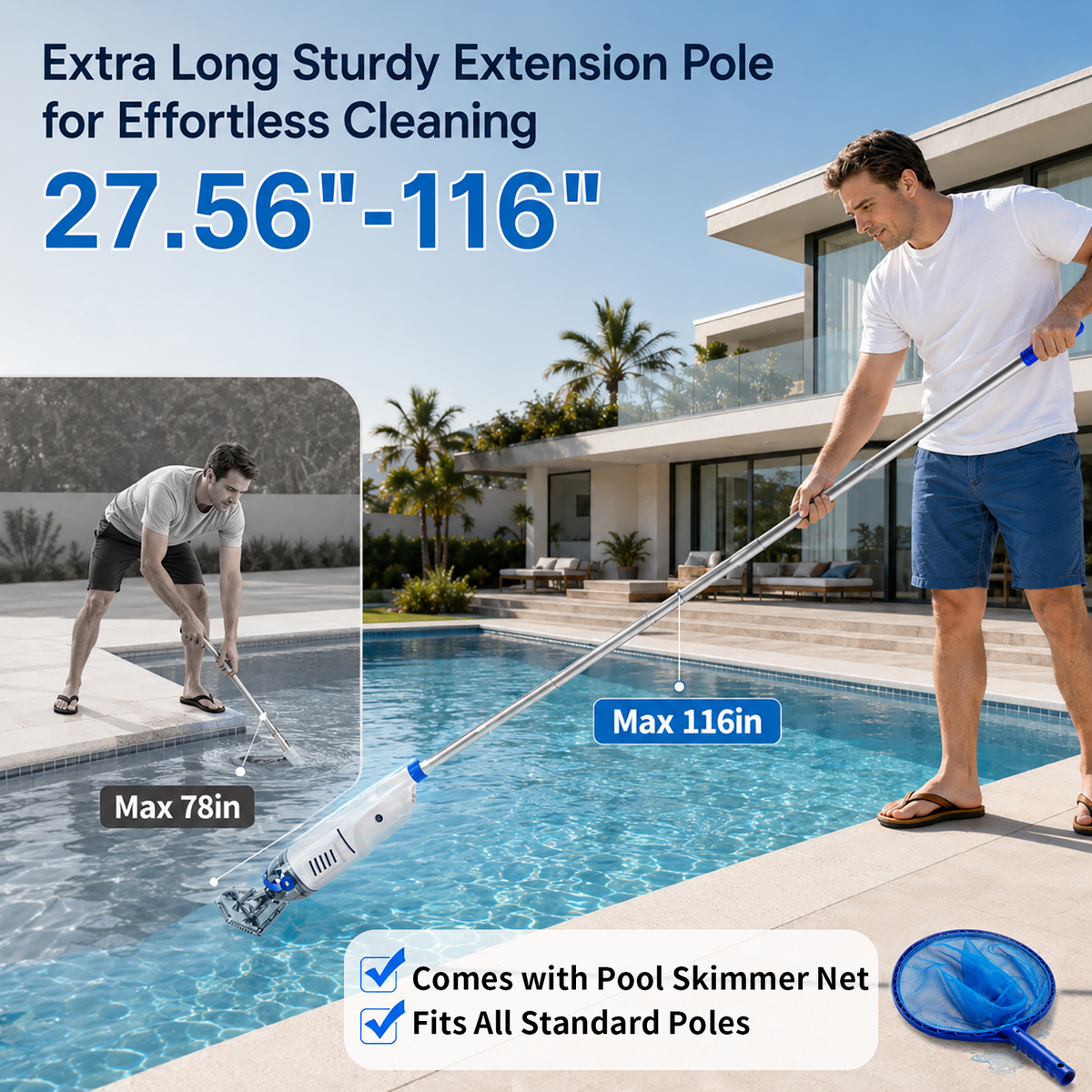 ARVIVO Cordless Handheld Pool Vacuum for Above Ground & Inground Pools, Rechargeable Pool Cleaner, 60-Min Runtime, Dual Heads, 116in Telescopic Pole, White